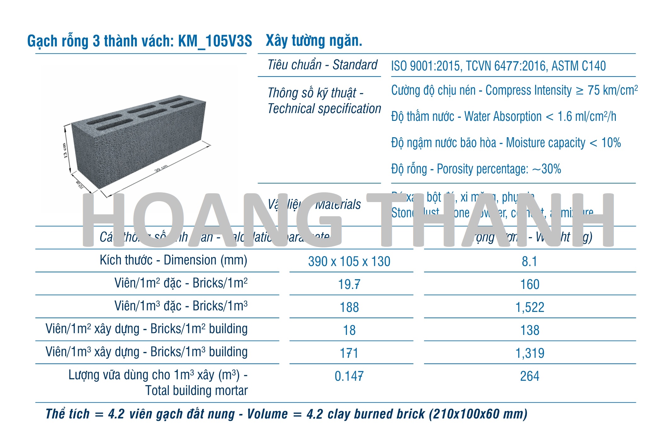 Gạch XMCL đặc xây tường 170mm hoặc 140mm